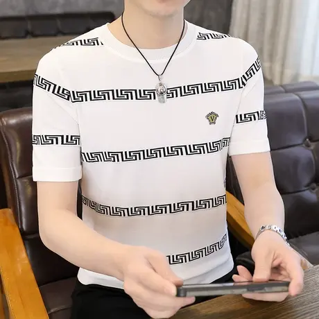 夏季圆领冰丝短袖t恤男薄款潮流条纹针织体恤衫青年潮牌冰感男装商品大图