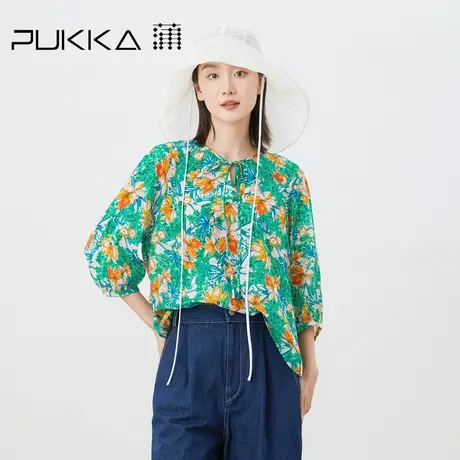 蒲PUKKA 原创设计2023夏季桑蚕丝印花宽松休闲圆领七分袖上衣商品大图