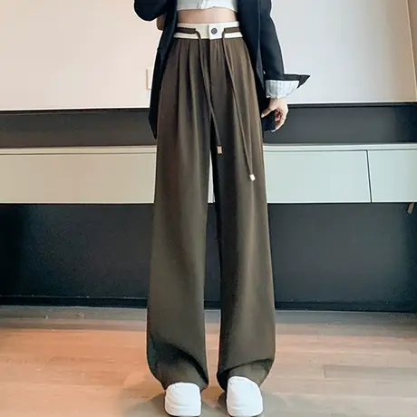 【3月4春新品8折】宽松高腰撞色休闲裤拼接显瘦直筒西装阔腿长裤图片