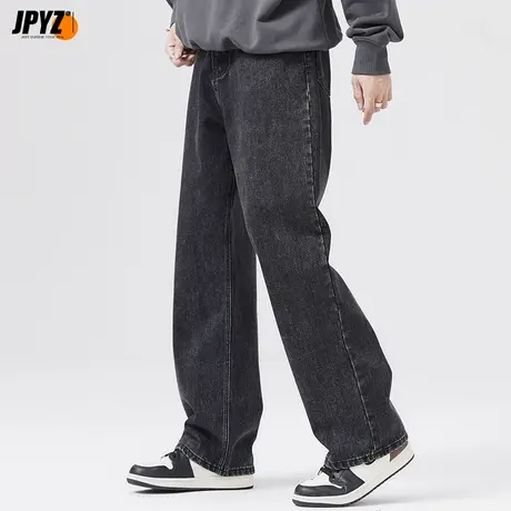 日系复古纯色休闲百搭长裤男潮牌街头宽松弹力直筒阔腿黑色牛仔裤商品大图