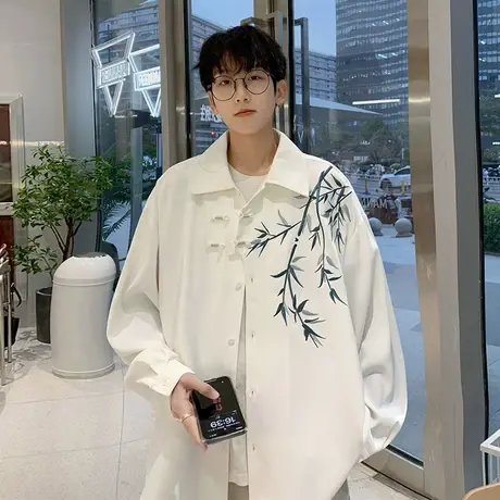 新中式中国风竹子刺绣长袖衬衫男装春季汉服盘扣唐装道袍衬衣外套商品大图