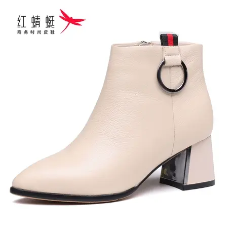 红蜻蜓女鞋女靴中筒秋冬季新款短靴牛皮粗跟时尚加绒保暖舒适透气商品大图