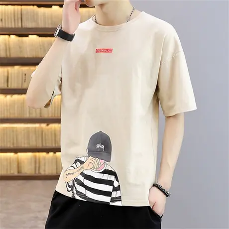 短袖男ins潮流夏季薄款棉感T恤时尚青少年圆领衣服半截袖体恤夏款商品大图