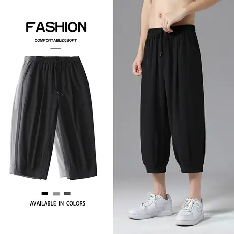 速干运动七分裤男夏季冰丝薄款短裤外穿潮牌大码宽松过膝休闲中裤商品大图