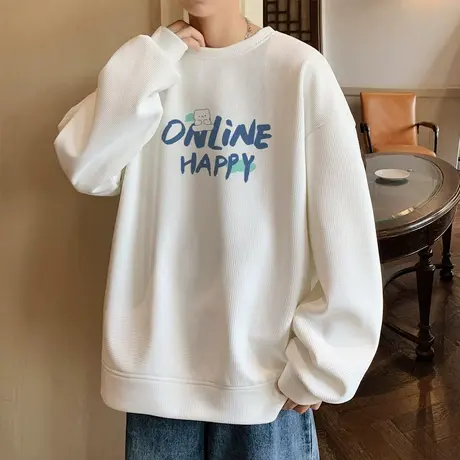 长袖t恤男春秋季潮牌ins港风宽松版华夫格圆领卫衣薄款打底衫体恤图片