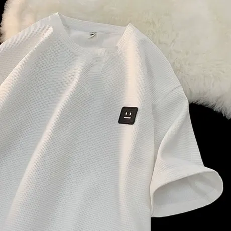 刺绣笑脸港风复古短袖t恤男潮牌华夫格宽松夏季cleanfit半袖体恤商品大图