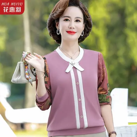 妈妈秋装2023新款针织衫T恤翻领上衣中老年女春秋装薄款时尚小衫商品大图