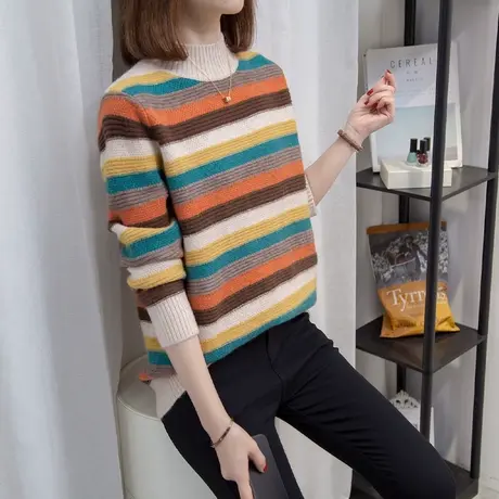 半高领毛衣女条纹打底衫2023秋冬新款套头宽松内搭上衣针外穿织衫商品大图
