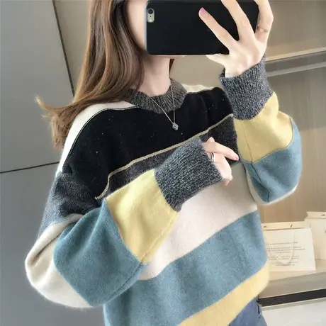 宽松日系毛衣女装秋冬外穿新款春秋季韩版套头甜美条纹针织衫上衣图片