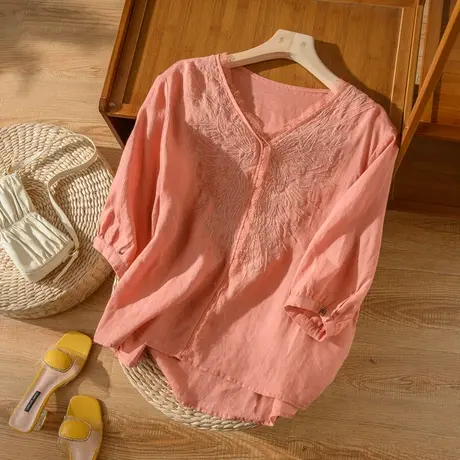 七分袖亚麻衬衣刺绣2022夏季新薄款棉麻上衣气质宽松V领漂亮衬衫图片