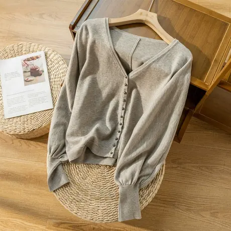 针织开衫女春秋软糯毛衣外套文艺复古纯色宽松百搭上衣女2022新款商品大图