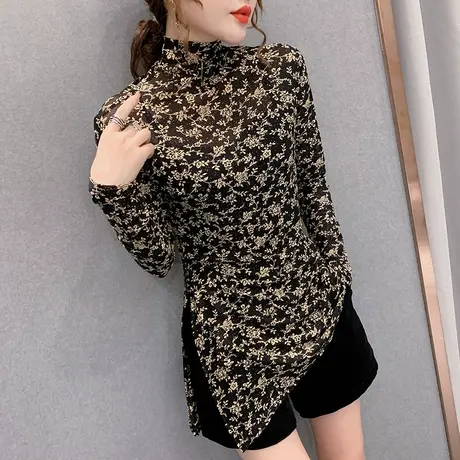 复古碎花上衣女不规则下摆开叉T恤女长袖中长款高领打底衫女春秋商品大图
