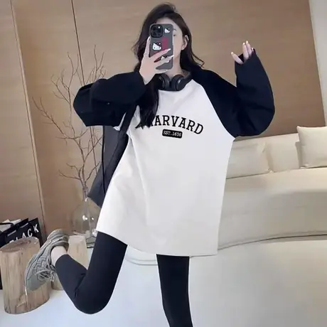 中长款长袖t恤女插肩袖小众设计感上衣2023春季新款港风chic体恤图片