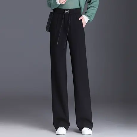 黑色显瘦阔腿裤女坠感长裤子2023新款时尚高腰直筒裤百搭休闲裤潮商品大图