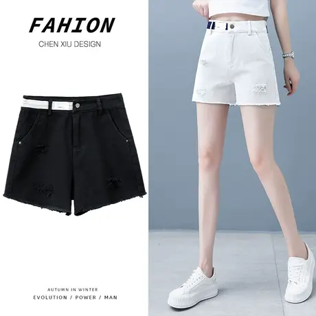 白色破洞牛仔短裤女秋季宽松2023新款韩版高腰a字阔腿裤毛边热裤商品大图