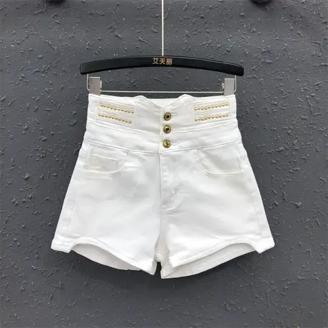 气质高腰钉珠a字阔腿裤欧货女2023夏季新款显瘦个性百搭牛仔短裤图片