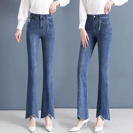 牛仔喇叭裤子女今年新款高腰显瘦马蹄裤设计感毛边开叉微喇裤图片