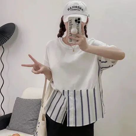 韩版个性条纹拼接短袖t恤女圆领套头春夏新款小众百搭上衣女装潮图片