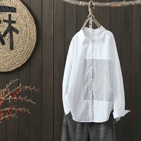 枫谜2022年秋季新款不对称条纹拼接休闲宽松翻领白衬衫商品大图