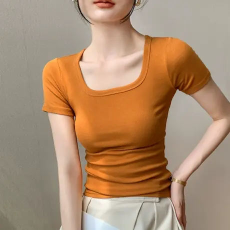 透气u领短袖T恤女2023新款露锁骨性感上衣修身正肩ins方领打底衫商品大图