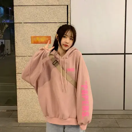 vintage连帽卫衣女秋冬加绒加厚2023年新款韩版宽松潮ins学生外套商品大图