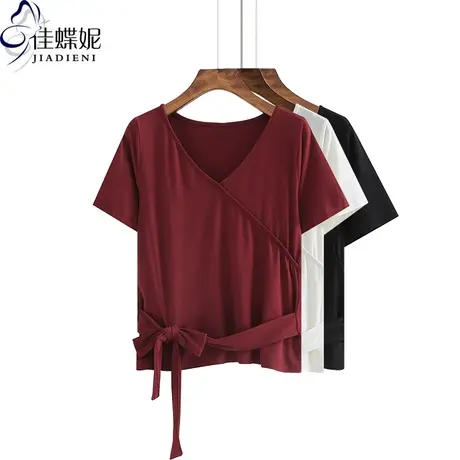 夏季新款韩版纯白修身显瘦V领打结小心机纯色短袖体恤上衣女装T恤商品大图