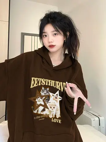 美式复古连帽卫衣女春秋薄款小众设计感慵懒风oversize外套上衣潮商品大图