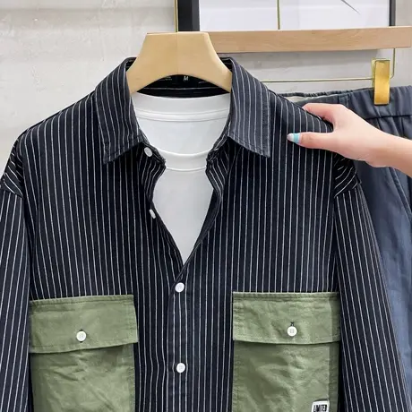 美式重磅条纹工装衬衫男复古衬衣男2023年春秋季宽松休闲长袖外套商品大图