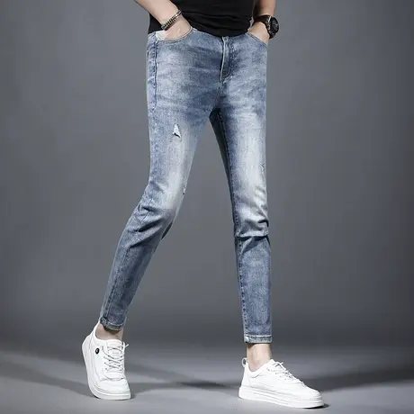 破洞九分牛仔裤男修身小脚2023新款夏季蓝色潮牌男生裤子9分青年商品大图