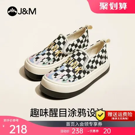 jm快乐玛丽2023春夏新款乐福鞋女鞋ins潮方格懒人一脚蹬厚底单鞋商品大图