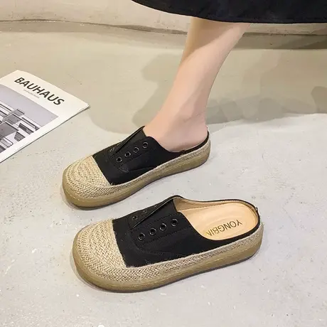 帆布拖鞋女厚底外穿系带2023夏天渔夫鞋草编百搭学生平底半拖鞋夏商品大图