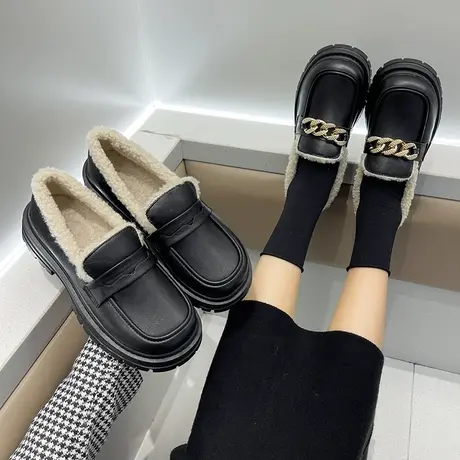 厚底乐福鞋女鞋子2024新款秋冬加绒保暖棉鞋毛绒单鞋英伦风小皮鞋商品大图