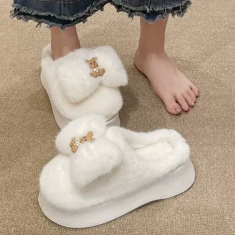 可爱小熊蝴蝶结棉拖鞋女冬季室内外穿厚底增高跟毛绒保暖包头拖鞋商品大图
