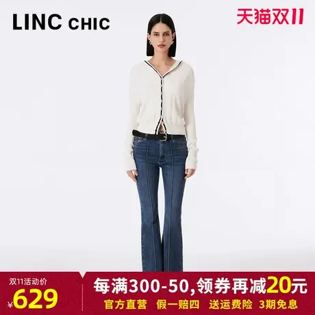 LINCCHIC金羽杰牛仔裤女2023年秋季新款中高腰磨毛修身微喇裤长裤商品大图