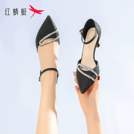 红蜻蜓凉鞋女款2023新款夏季尖头法式包头高跟一字带气质名媛单鞋商品大图