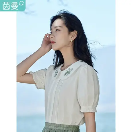 茵曼时尚文艺衬衣2023夏季女装新款纯棉舒适绣花娃娃领泡泡袖衬衫商品大图