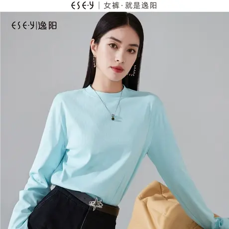 逸阳黑色圆领长袖t恤女2023秋休闲显瘦网纱袖口打底衫上衣3356图片