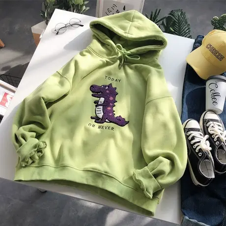 2019秋冬款韩国东大门ulzzang卡通港风ins小恐龙连帽加绒卫衣保暖商品大图