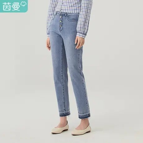 【商场同款】茵曼2021春装新款花卉绣花裤腰磨破工艺小裤脚牛仔裤图片