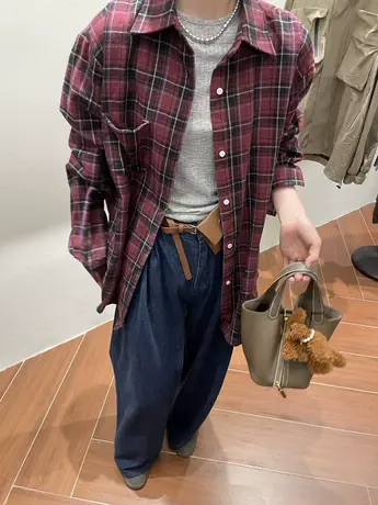 韩国秋装新款复古翻领格子单排扣长袖衬衫开衫外穿洋气百搭上衣服图片