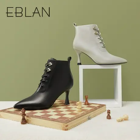 伊伴2022秋冬女鞋系带细跟高跟时装靴优雅尖头都市丽人瘦瘦靴皮靴图片