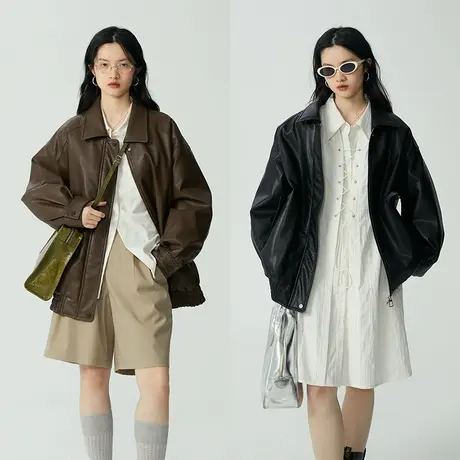 omont蛋挞家 pu皮衣夹克外套女复古宽松机车短款机车上衣秋季图片