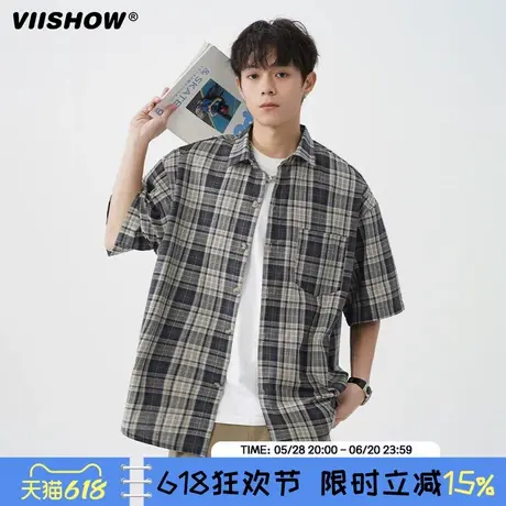 VIISHOW复古撞色格纹短袖衬衫男夏季2025新款宽松休闲薄款衬衣图片