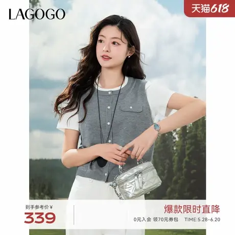 LAGOGO高知温柔风短袖针织衫女拉谷谷2025年夏季新款灰色假两件商品大图