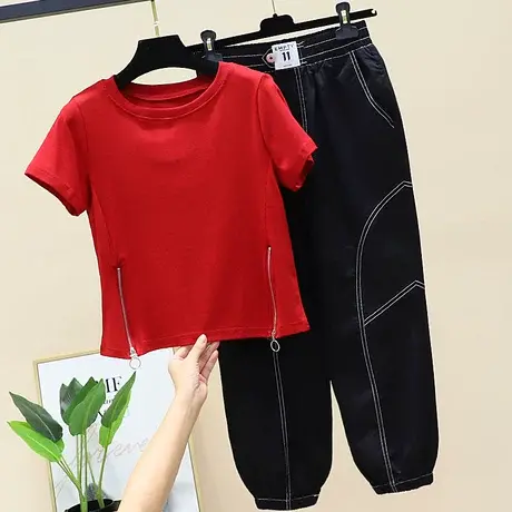 夏季套装女2023年新款休闲时尚潮流气质洋气宽松上衣哈伦裤两件套商品大图