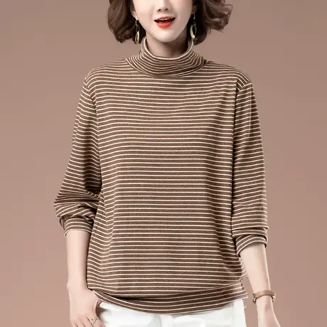 高领打底衫女秋冬季加肥加大码女装宽松中年妈妈显瘦条纹长袖t恤商品大图