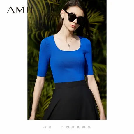 Amii2025夏装新款克莱因蓝短袖针织衫女修身大U领仿亚麻正肩上衣商品大图