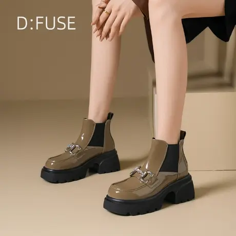 Dfuse迪芙斯时尚乐福短靴子女2024秋冬新款厚底粗跟漆皮切尔西靴图片