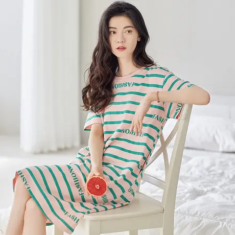 浪莎睡裙女夏季新款纯棉短袖睡衣女宽松休闲家居服套装可外穿商品大图