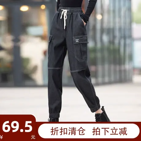 松紧腰加绒牛仔裤女2023年新款秋冬学生工装裤束脚裤子哈伦老爹裤图片